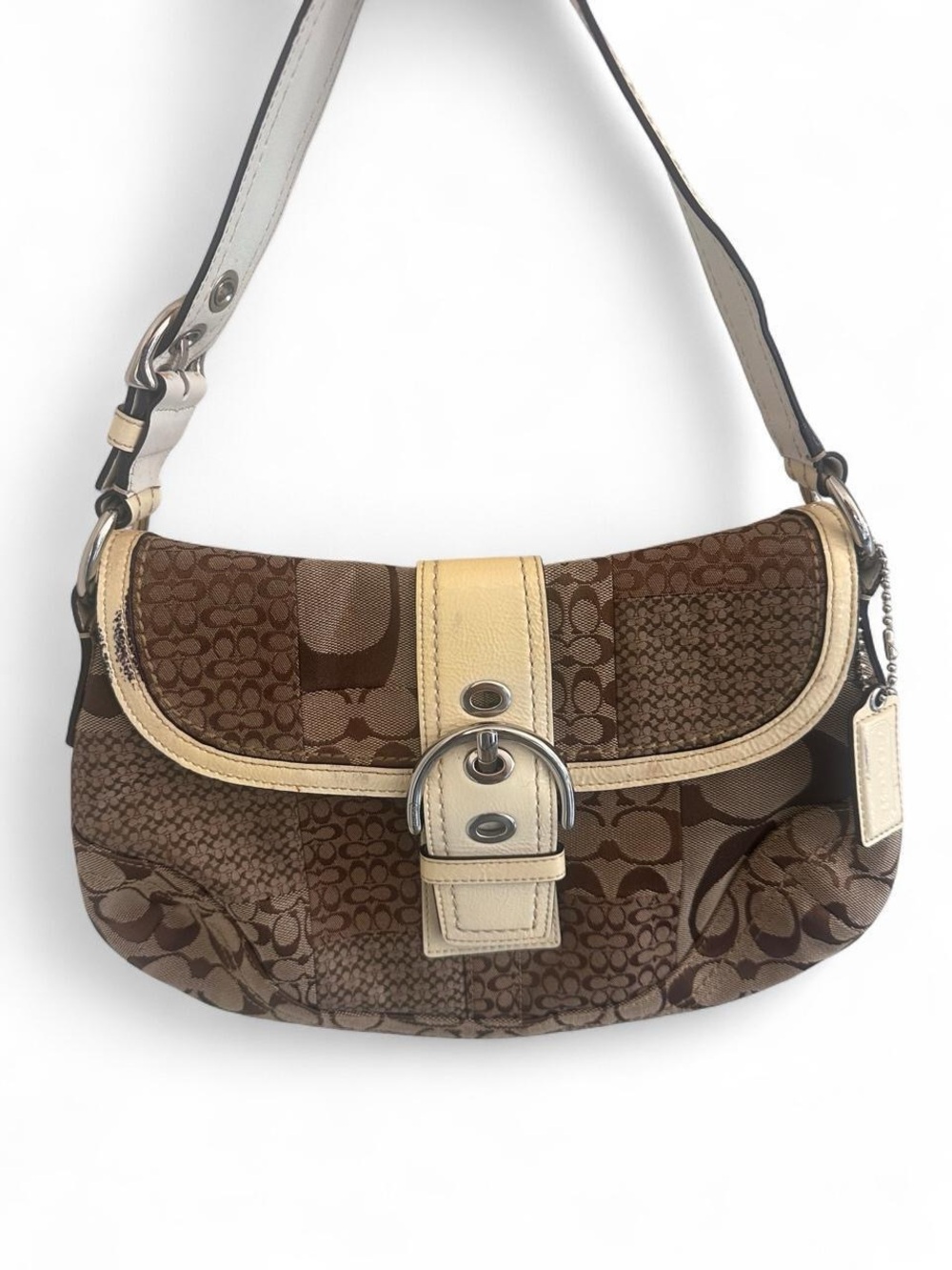 2000s Coach Brown Large Soho Patchwork Signature Shoulder Bag with Cream Trim